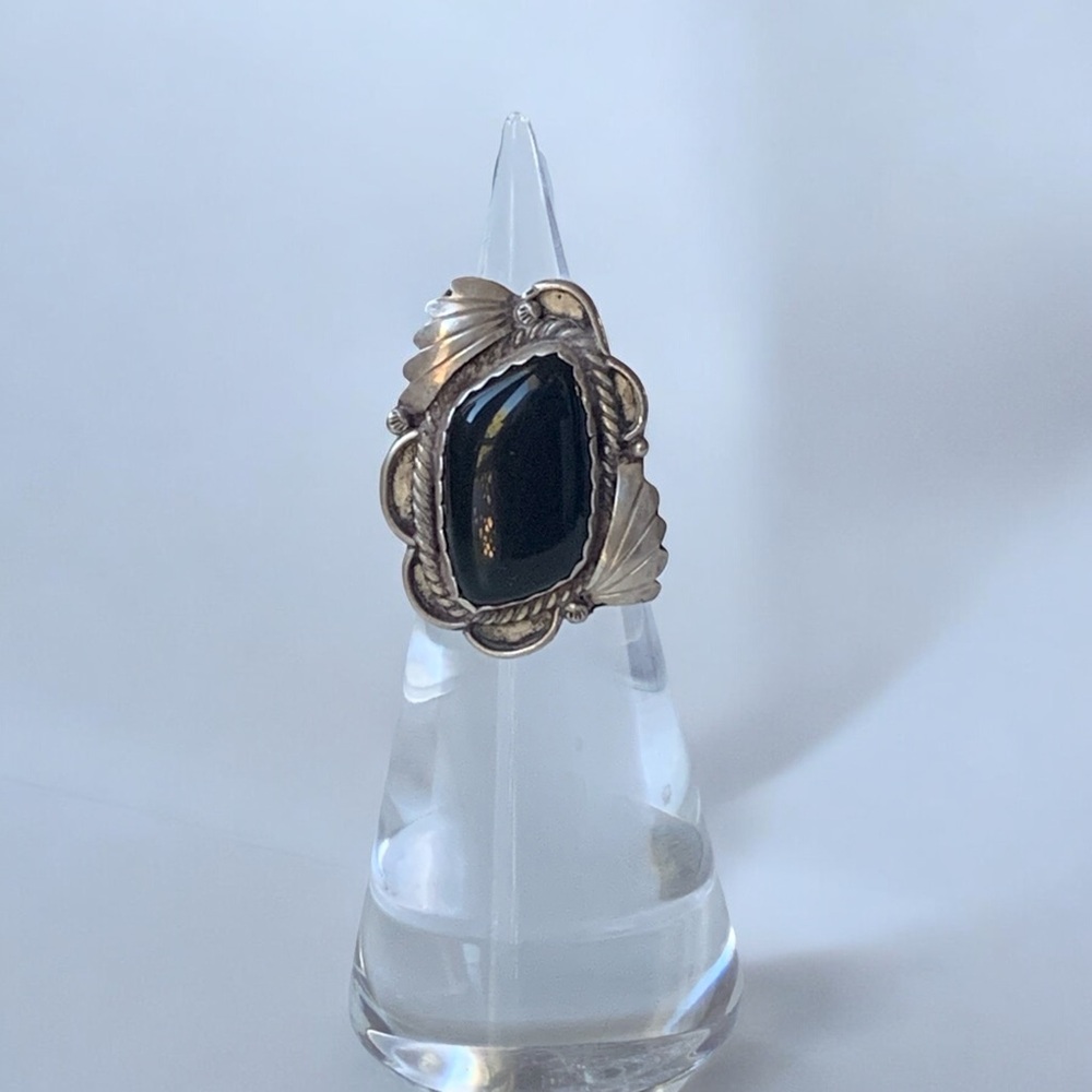 Signed PLATERO Native American Navajo Black Onyx Sterling Silver Ring Jewelry